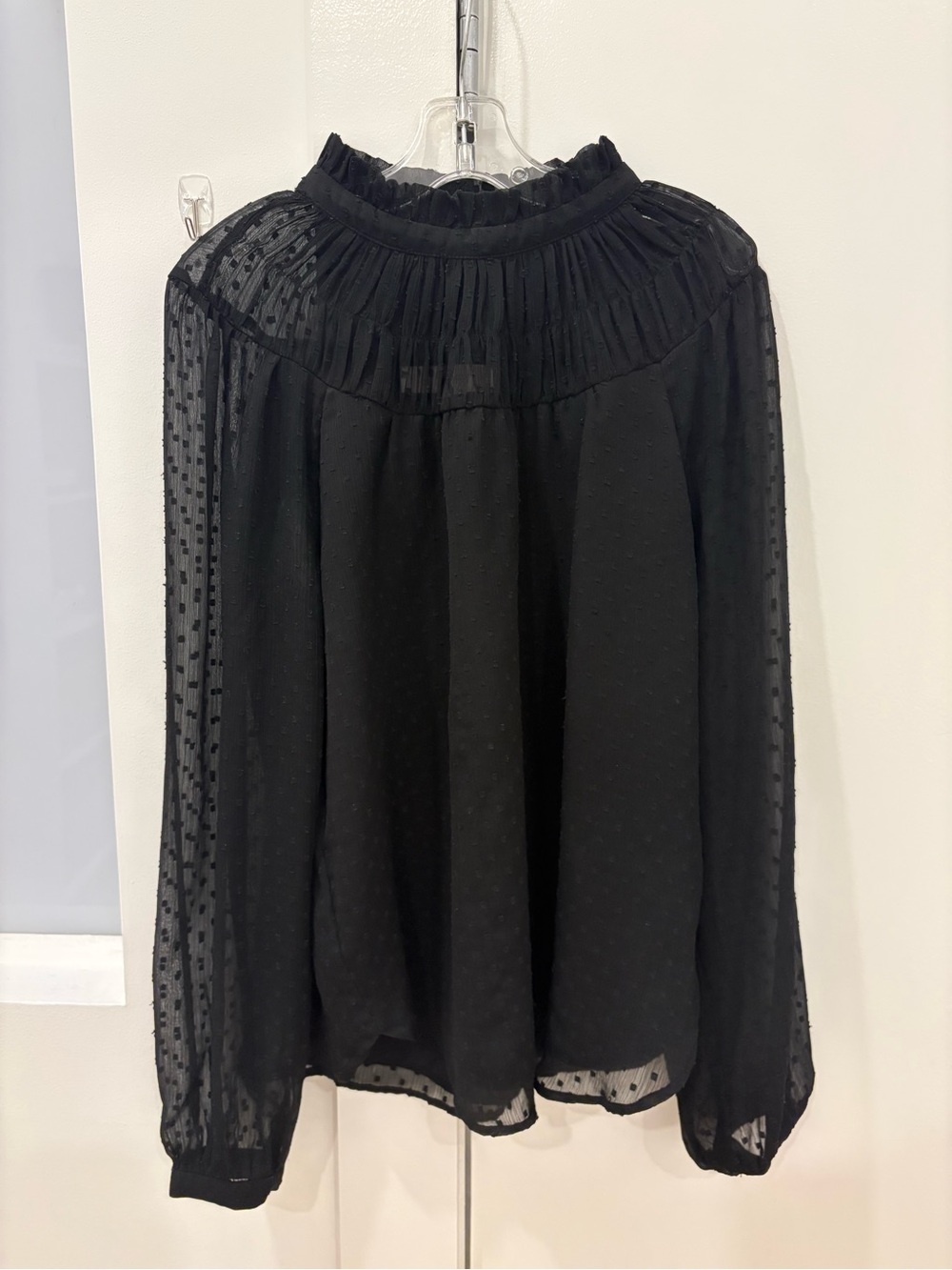 LOFT Black Sheer Dot Mock-Neck Blouse